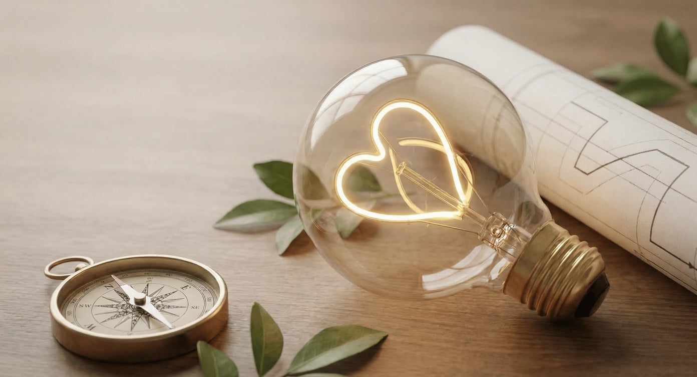 Bombilla con filamento en forma de corazón, brújula y planos - Comunicación con propósito y dirección estratégica de Maco&Co